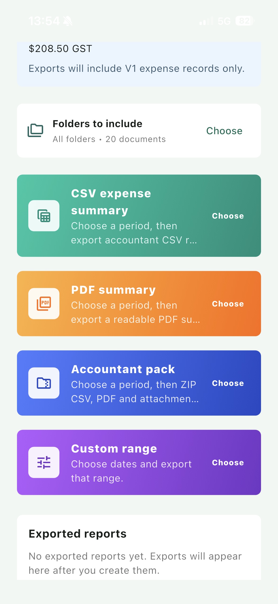 Receipta account reports screen with CSV expense summary, PDF summary, accountant pack, and custom range export options