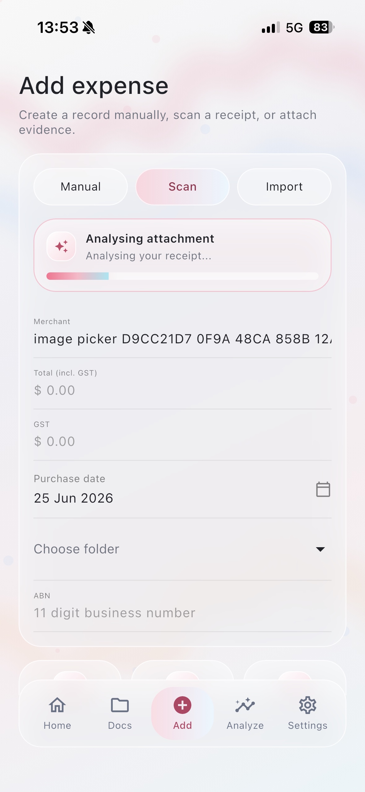 Receipta add expense screen analysing a receipt attachment