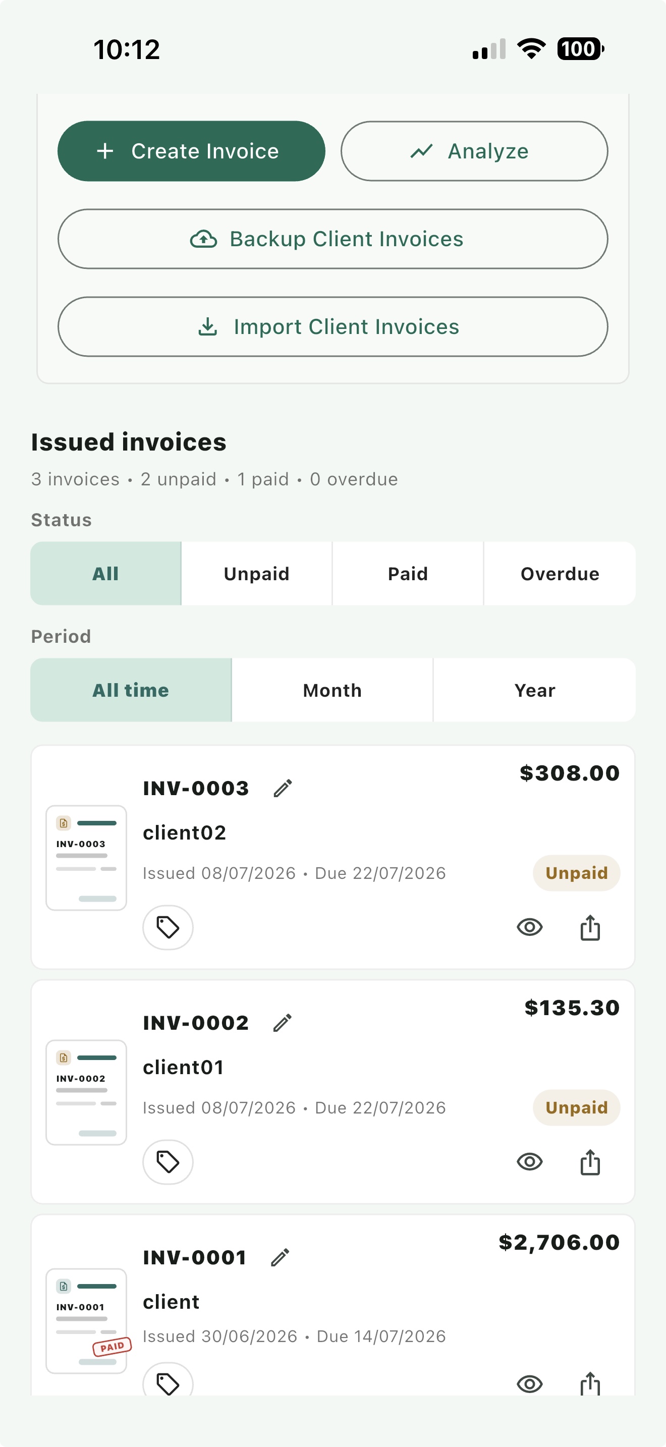 Receipta client invoices screen with create invoice, analyse, backup, import, and issued invoice payment status