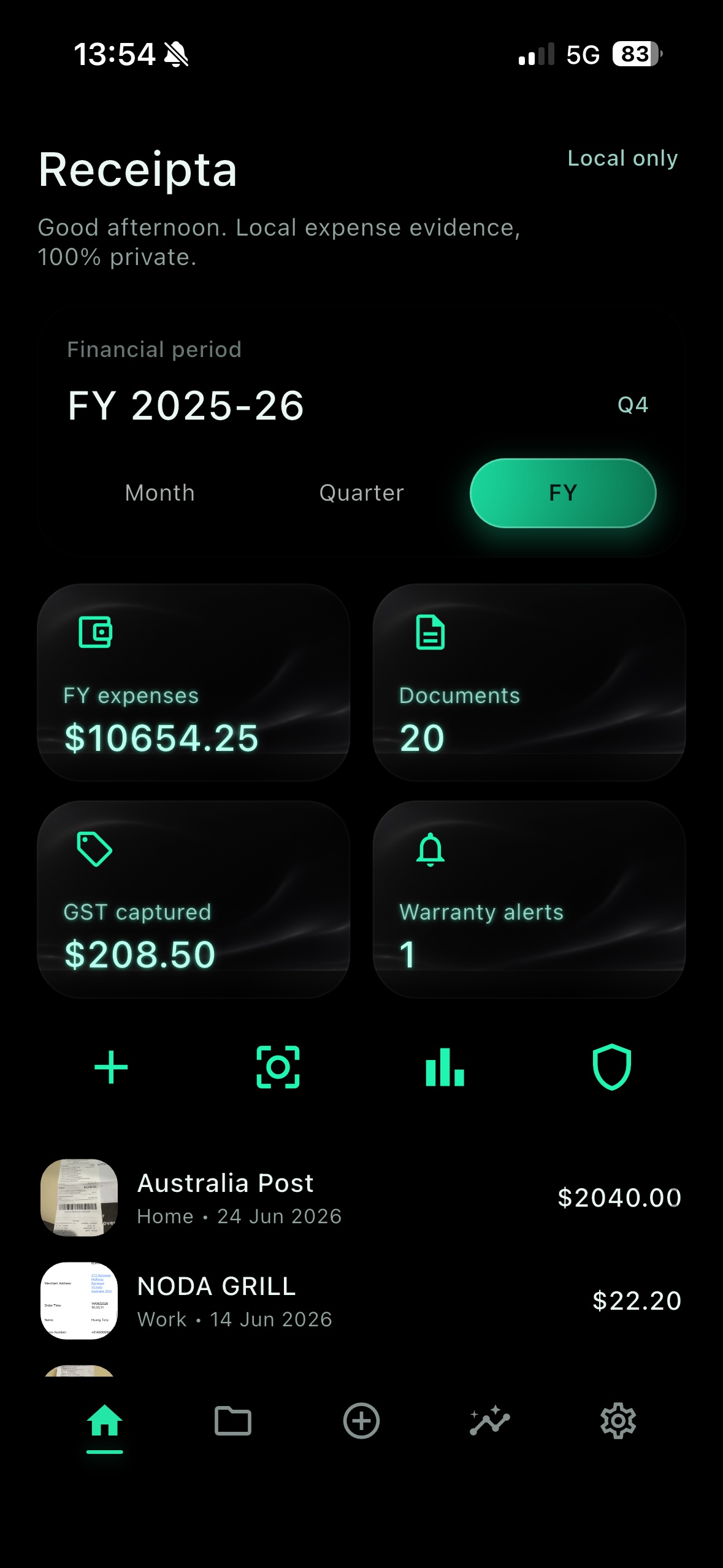 Receipta dark home dashboard screen