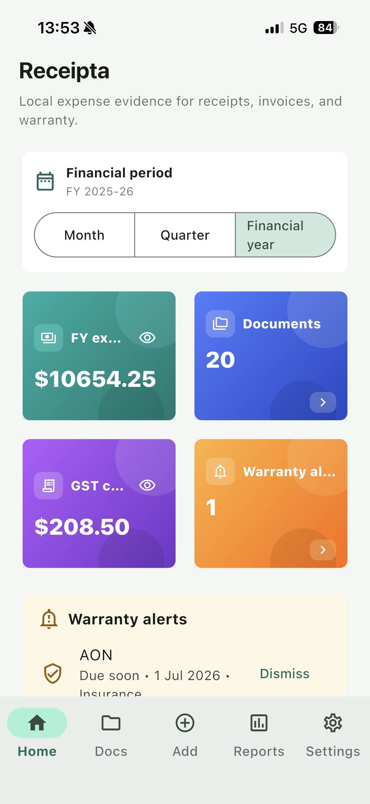 Receipta light home screen with financial period, expenses, documents, GST, and warranty alerts