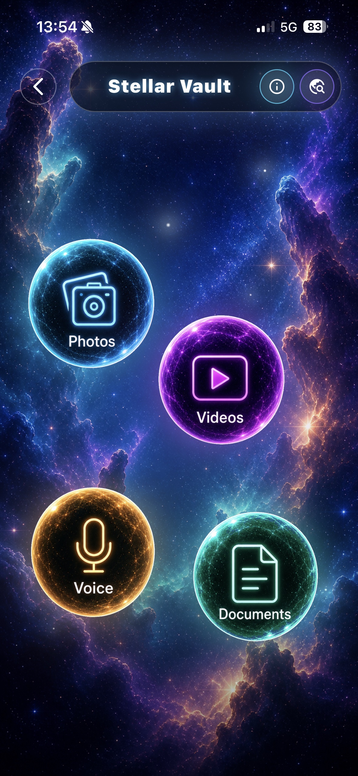 Receipta Secure Pro Stellar Vault screen with Photos, Videos, Voice, and Documents